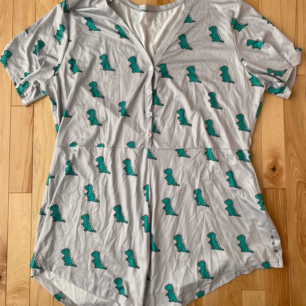Gray Dinosaur Print Button-Up Romper